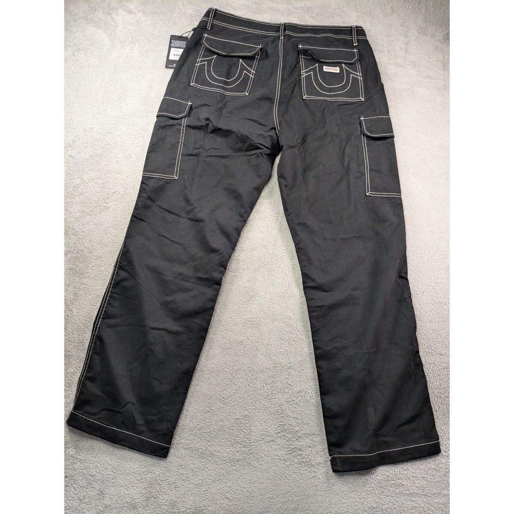 True Religion Mens Jet Black Contrast Stitch Cargo Pants 100335 Size 36 NEW - Picture 3 of 14